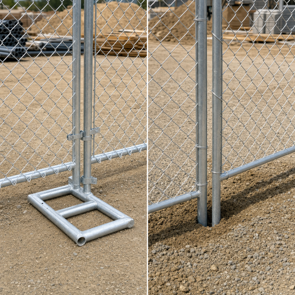 Side-by-side comparison of a free-standing panel in a weighted metal stand next to a post-driven in-ground fence base on a jobsite